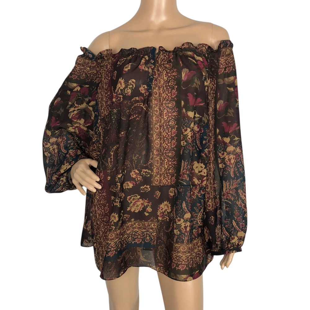 Chaps Sheer Paisley Floral Chiffon Boho Patchwork Peasant Top Blouse Size 1X